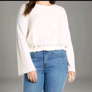 Cream gauze long sleeve shirt with bell sleeve and elastic scrunch waist
